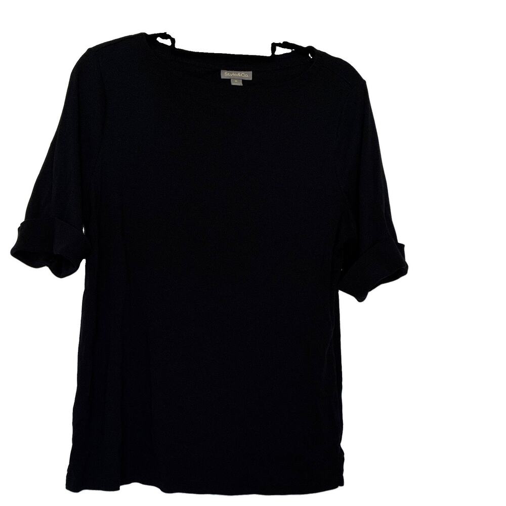 Style & Co. 100% Cotton Women’s Black Boat Neck Cuffed Elbow Sleeve XL Blouse